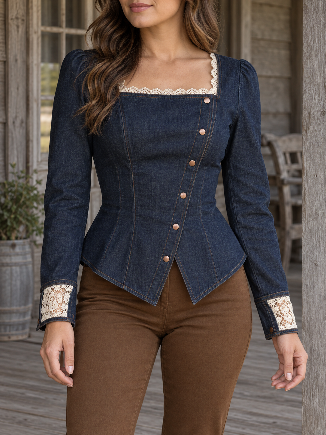 Blue Denim Lace Trim Button Front Top