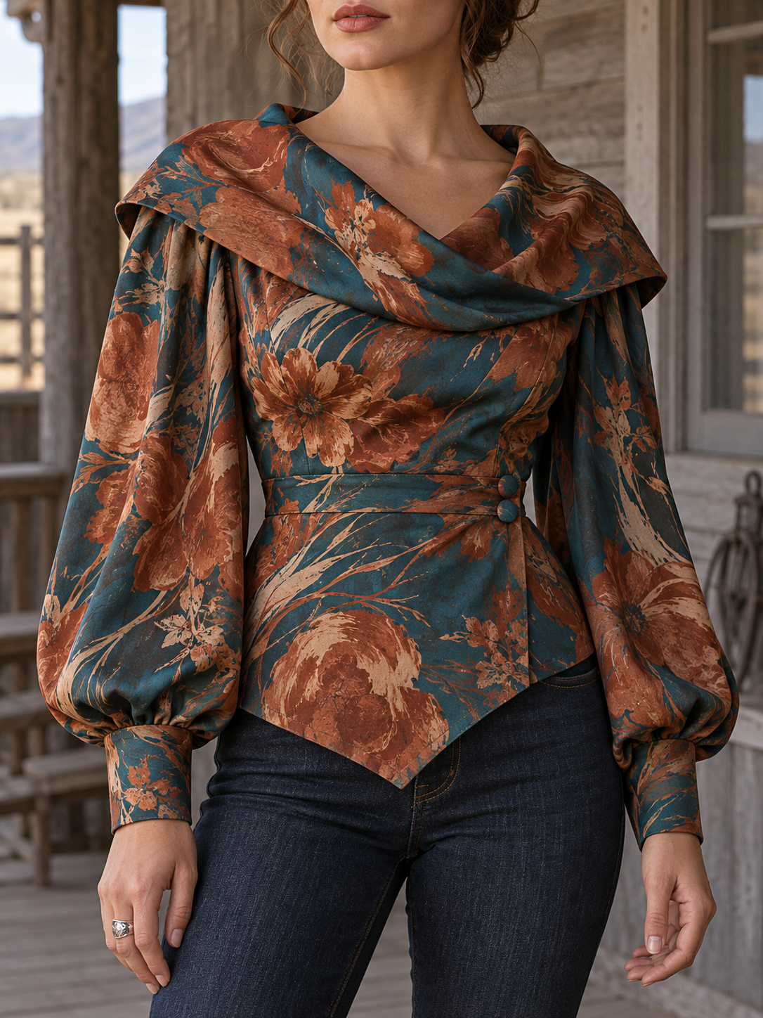 Teal Floral Print Draped Cowl Neck Blouse