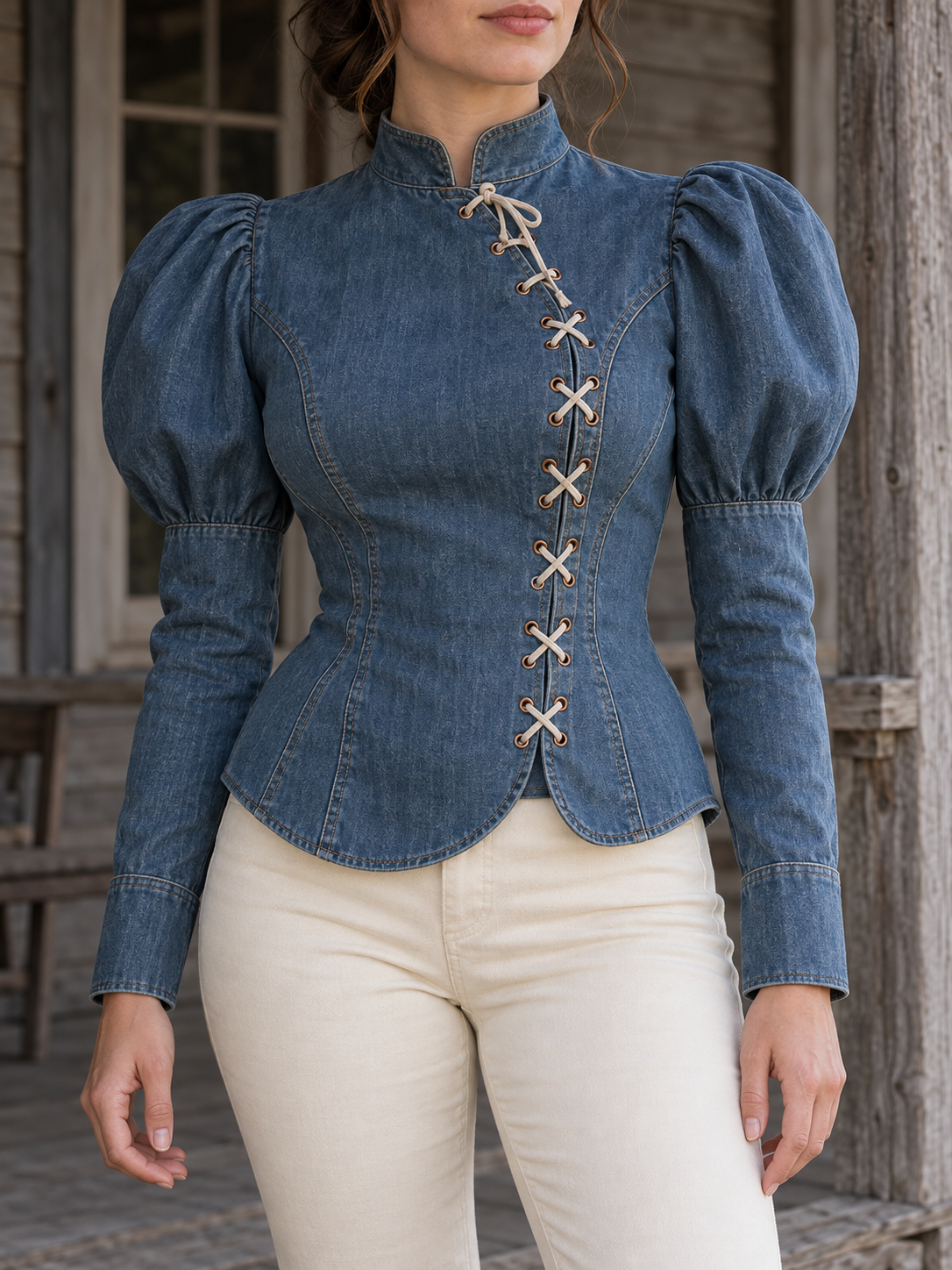 Blue Denim Lace Up Puff Sleeve Top