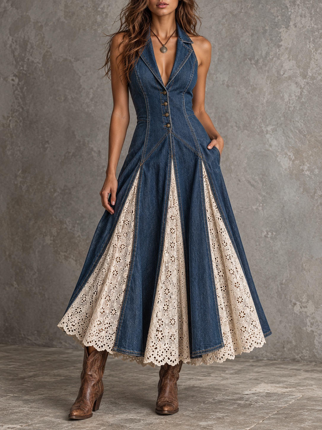 Blue Denim Halter Button Front Midi Dress