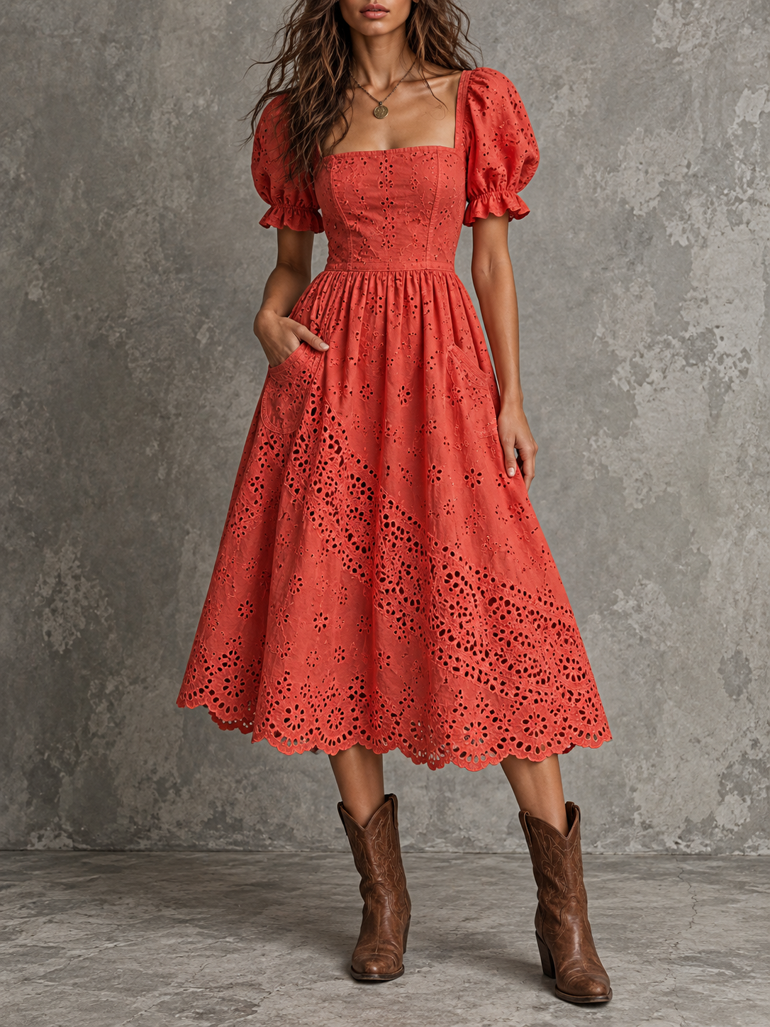 Red Eyelet Square Neck Puff Sleeve Midi Dress