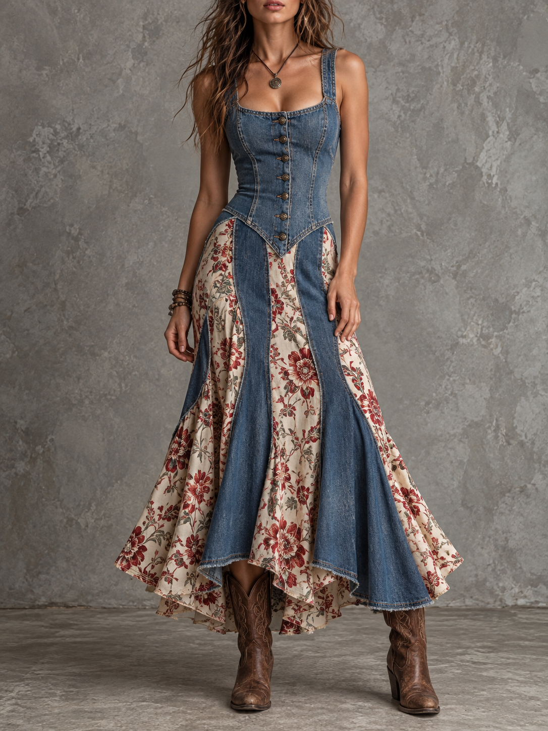 Blue Denim Floral Panel Button Front Midi Dress
