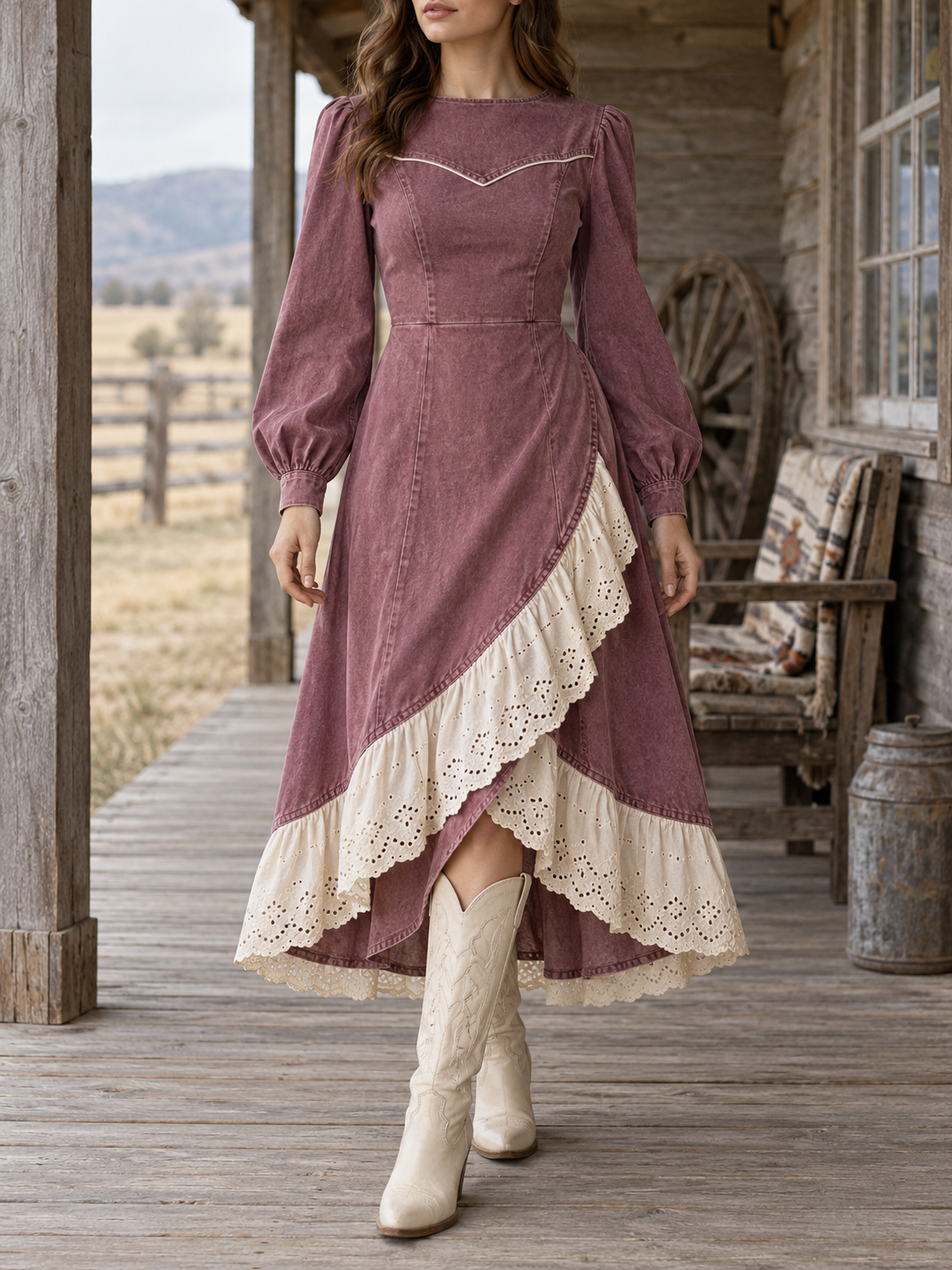 Mauve Lace Trim Long Sleeve High Low Midi Dress