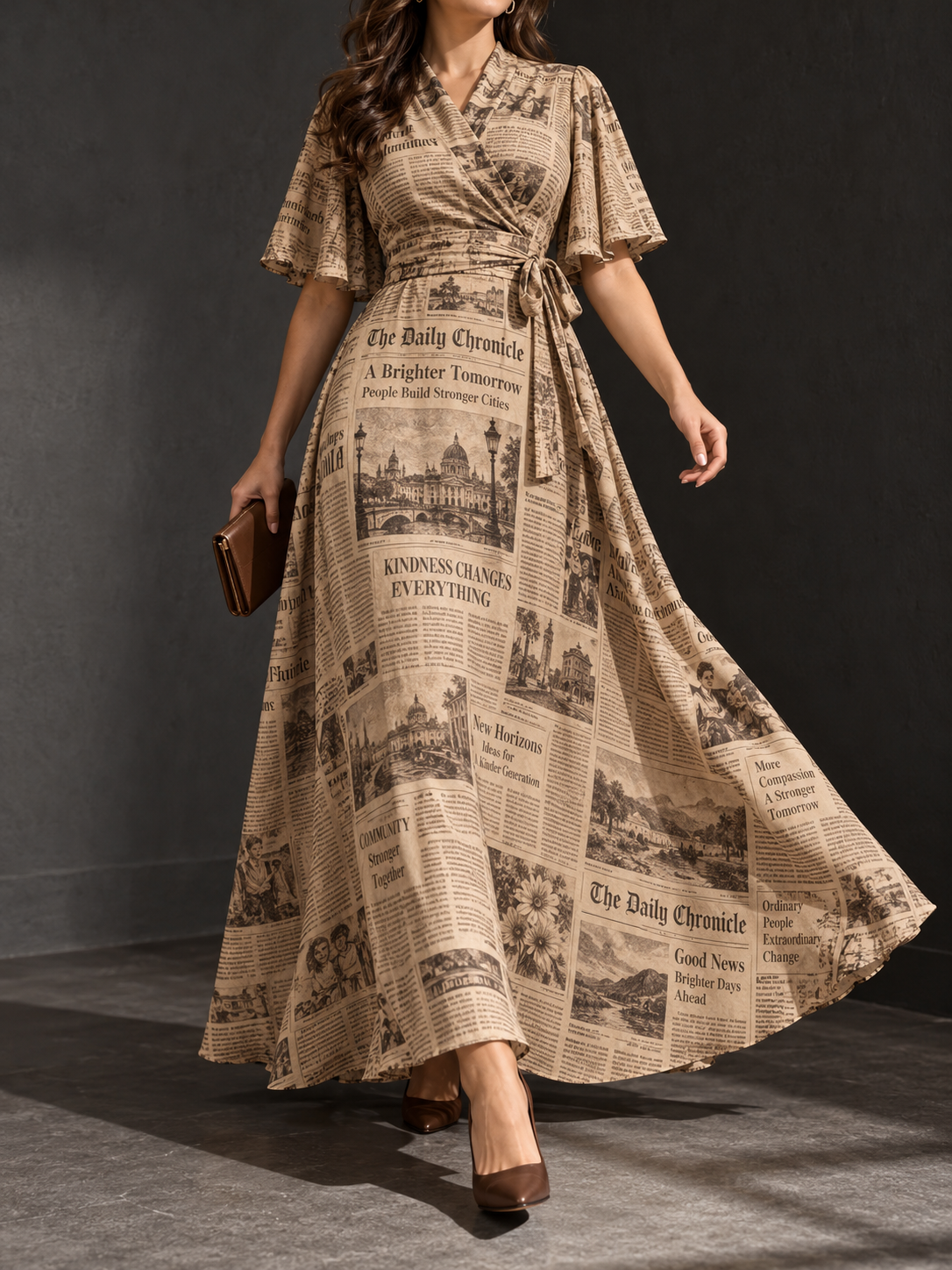 Beige Black Newspaper Print Short Sleeve Maxi Dress