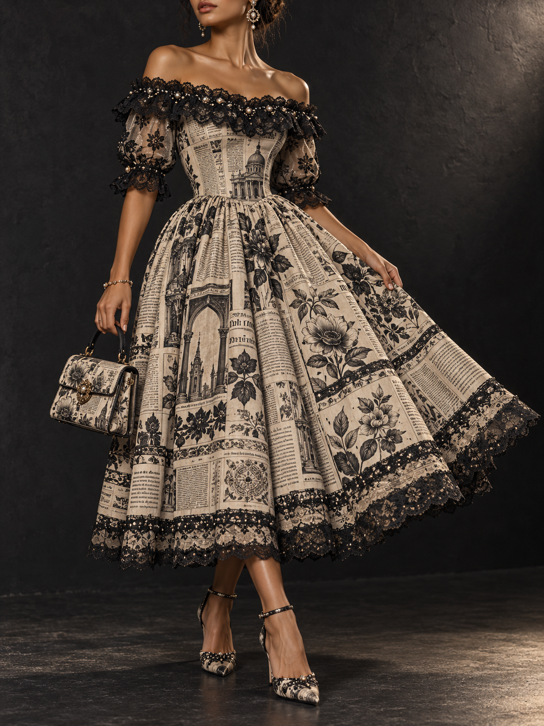 Beige Black Newspaper Print Off Shoulder Beaded Lace Midi Dress