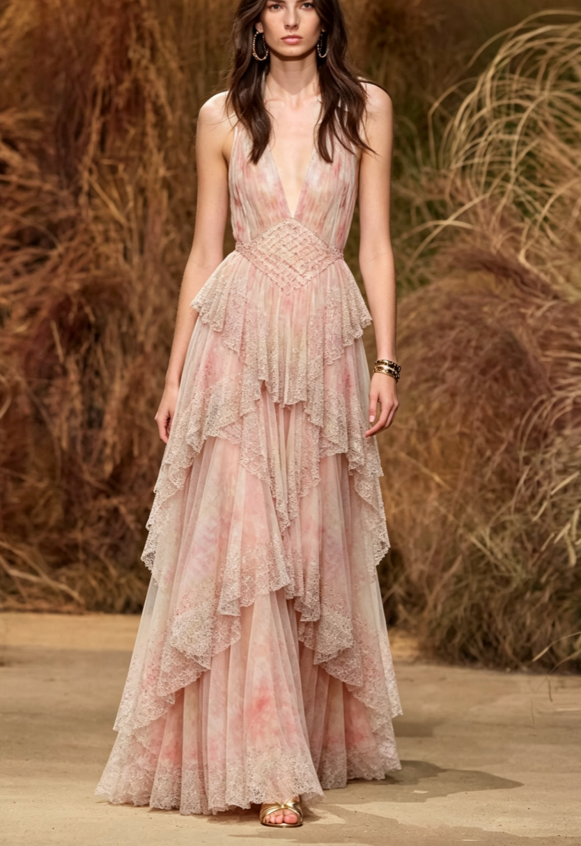 Watercolor Print Lace Trim Tiered Ruffle Maxi Dress