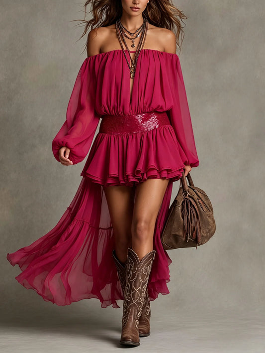 Off-Shoulder Sequin Waist High-Low Chiffon Dress