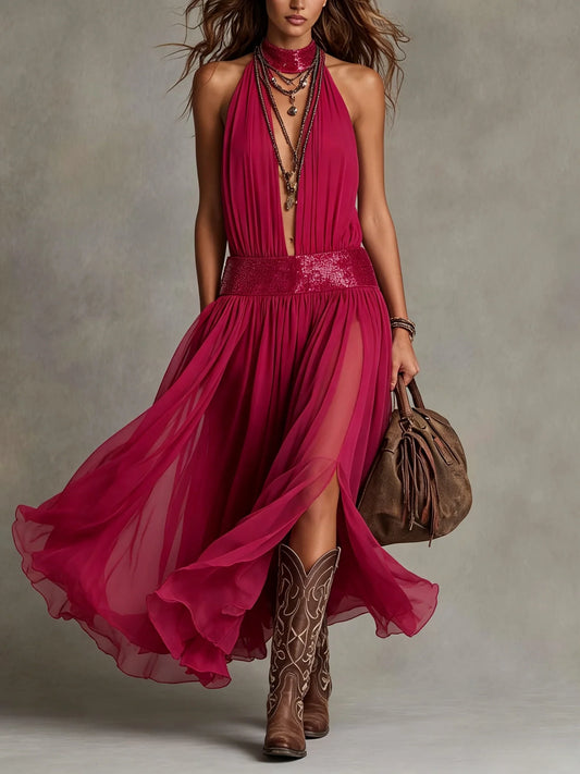 Halter Sequin Choker High Slit Maxi Dress