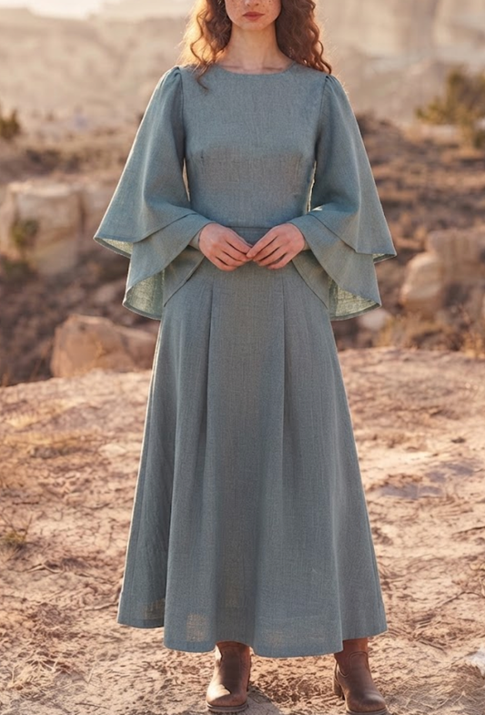 Tiered Bell Sleeve Linen Midi Dress