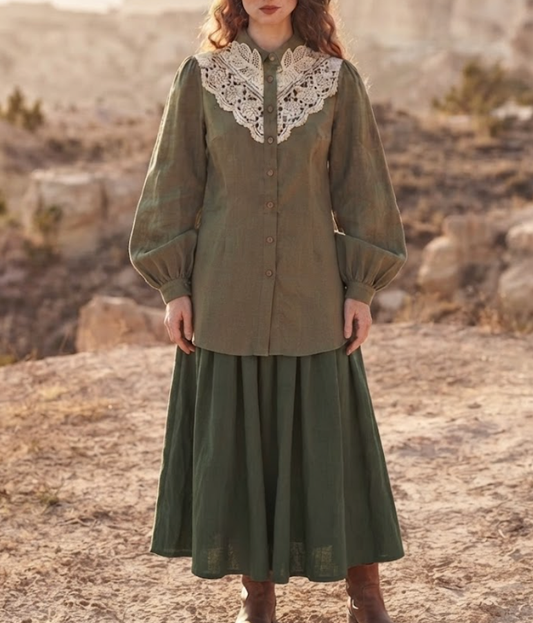 Lace Collar Button-Down Blouse & Midi Skirt Set