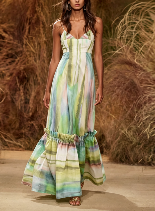 Spaghetti Strap Watercolor Stripe Ruffle Maxi Dress