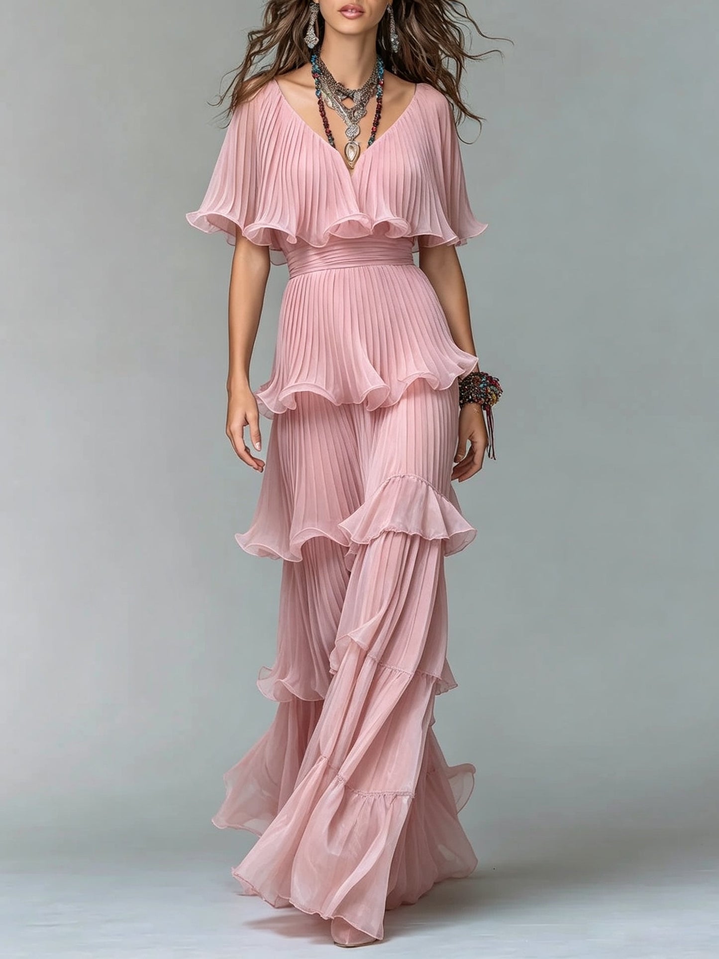 V-Neck Flutter Sleeve Pleated Tiered Maxi Dress