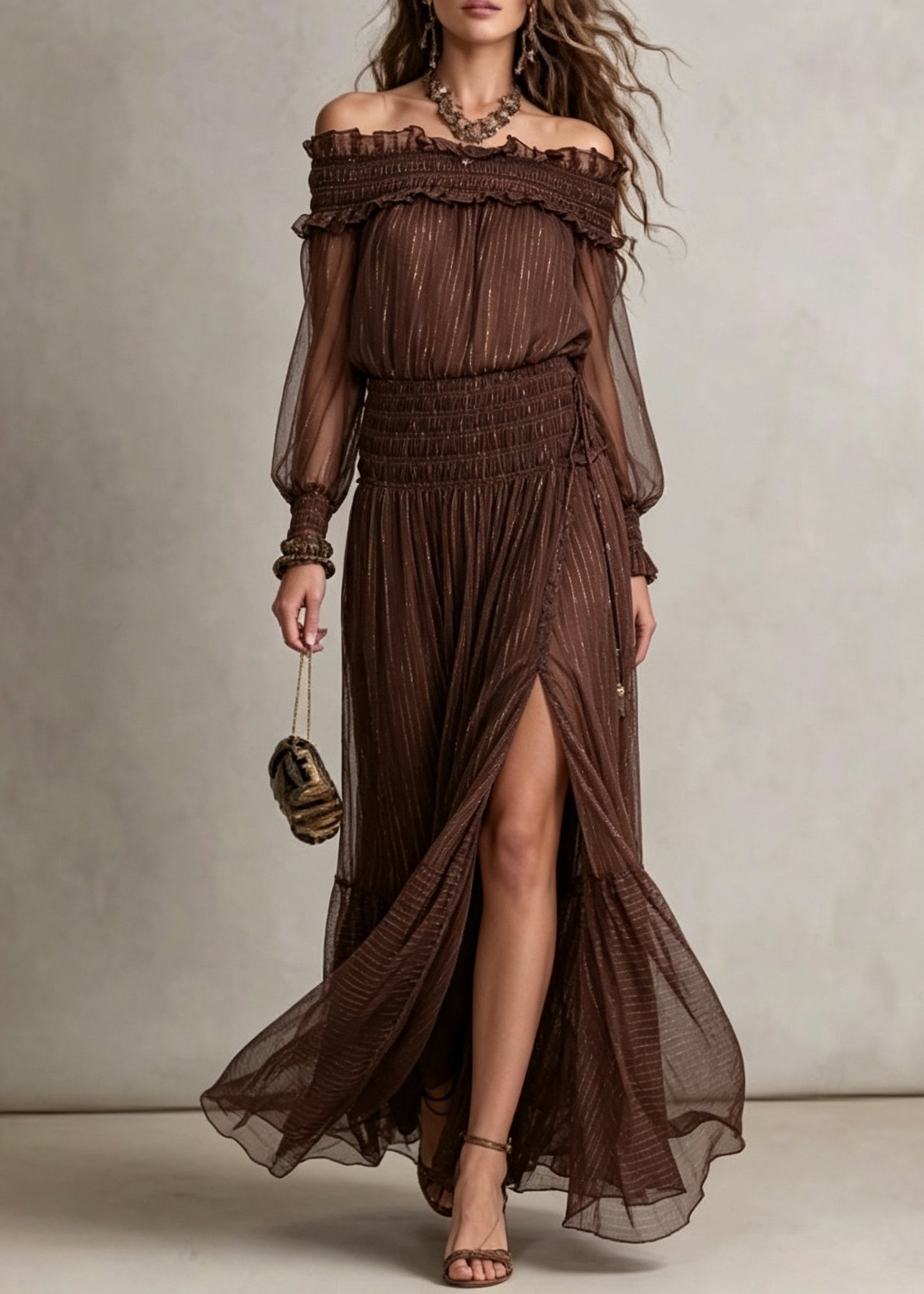 Off-Shoulder Lurex Stripe Smocked Waist Maxi Dress