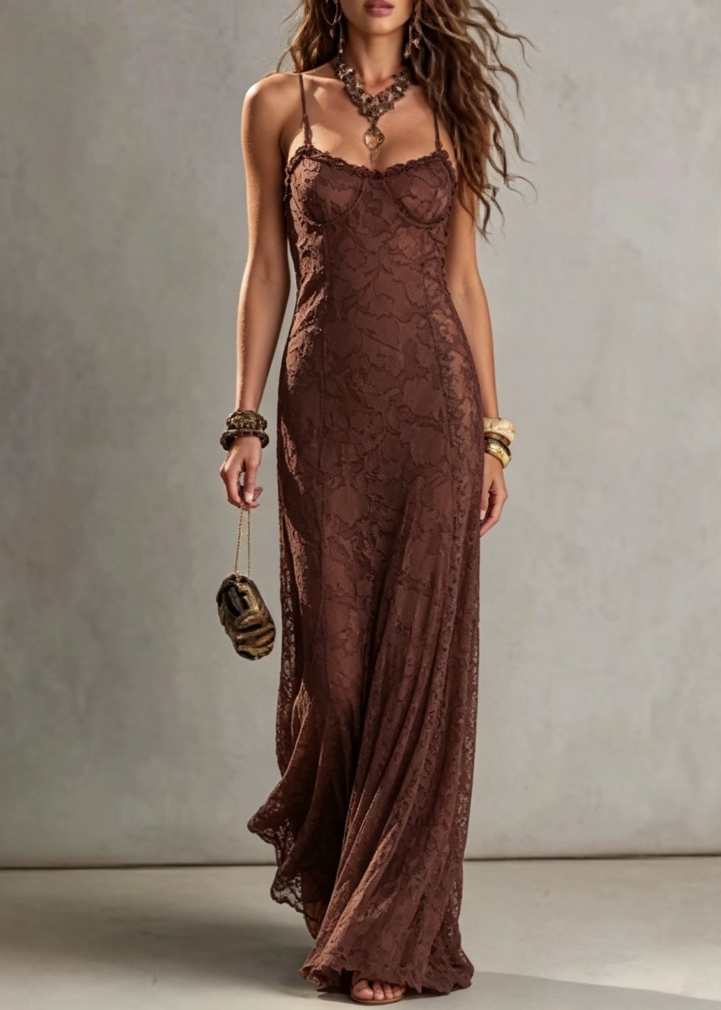 Sheer Lace Spaghetti Strap Bias Cut Maxi Dress