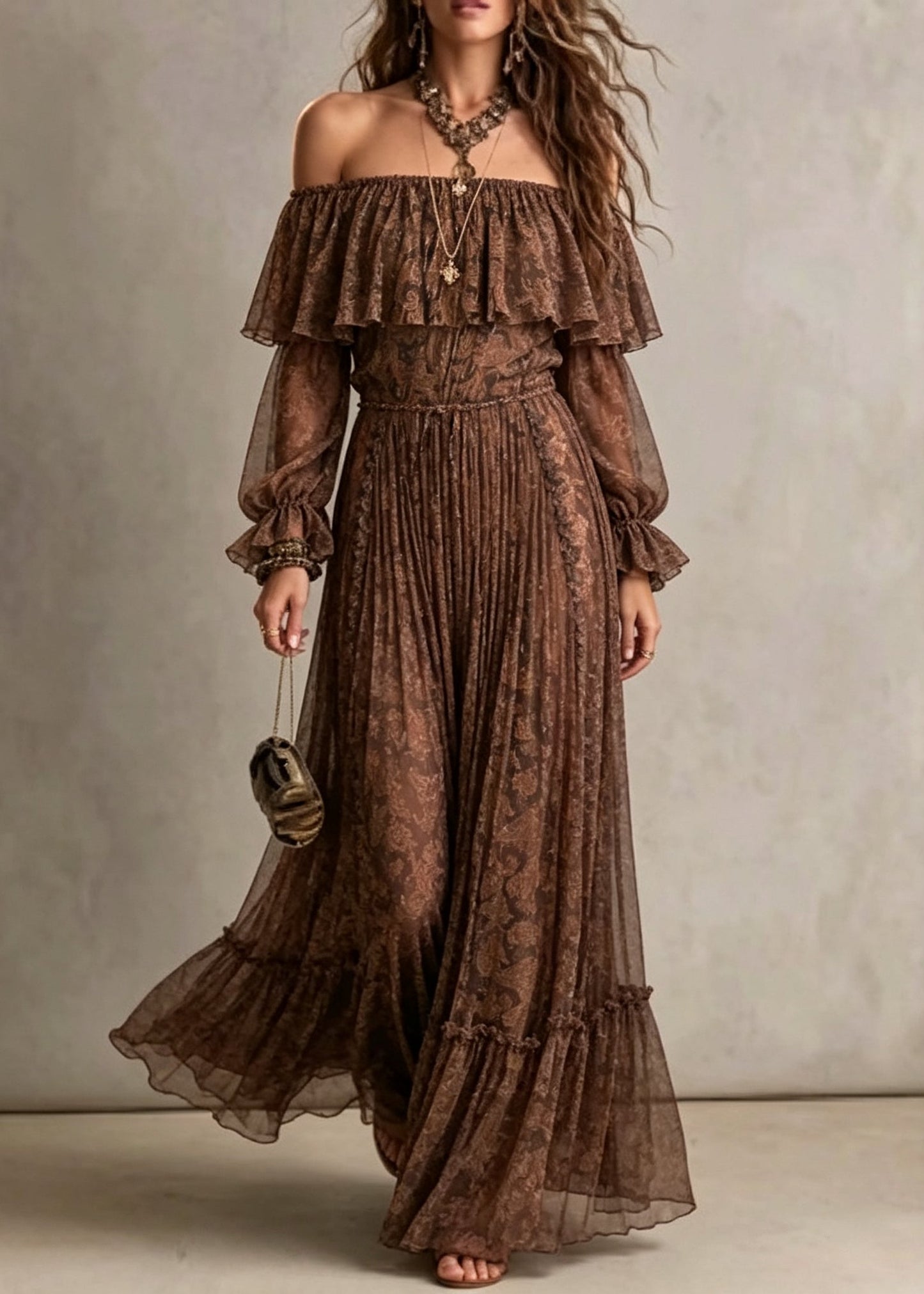 Off-Shoulder Paisley Print Tiered Ruffle Maxi Dress