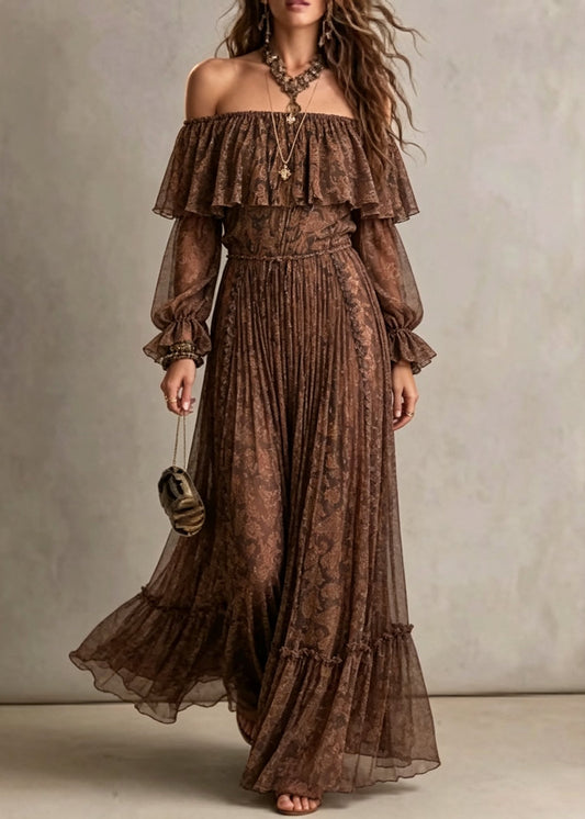 Off-Shoulder Paisley Print Tiered Ruffle Maxi Dress