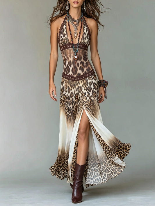 Halter Leopard Print Lace Trim High Slit Maxi Dress