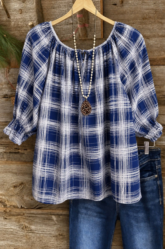 Navy Plaid Tie-Neck 3/4 Sleeve Peasant Top