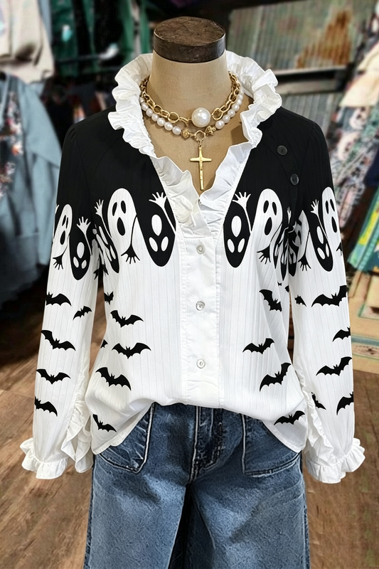 Black White Ghost Bat Ruffle Trim Button-Up Shirt