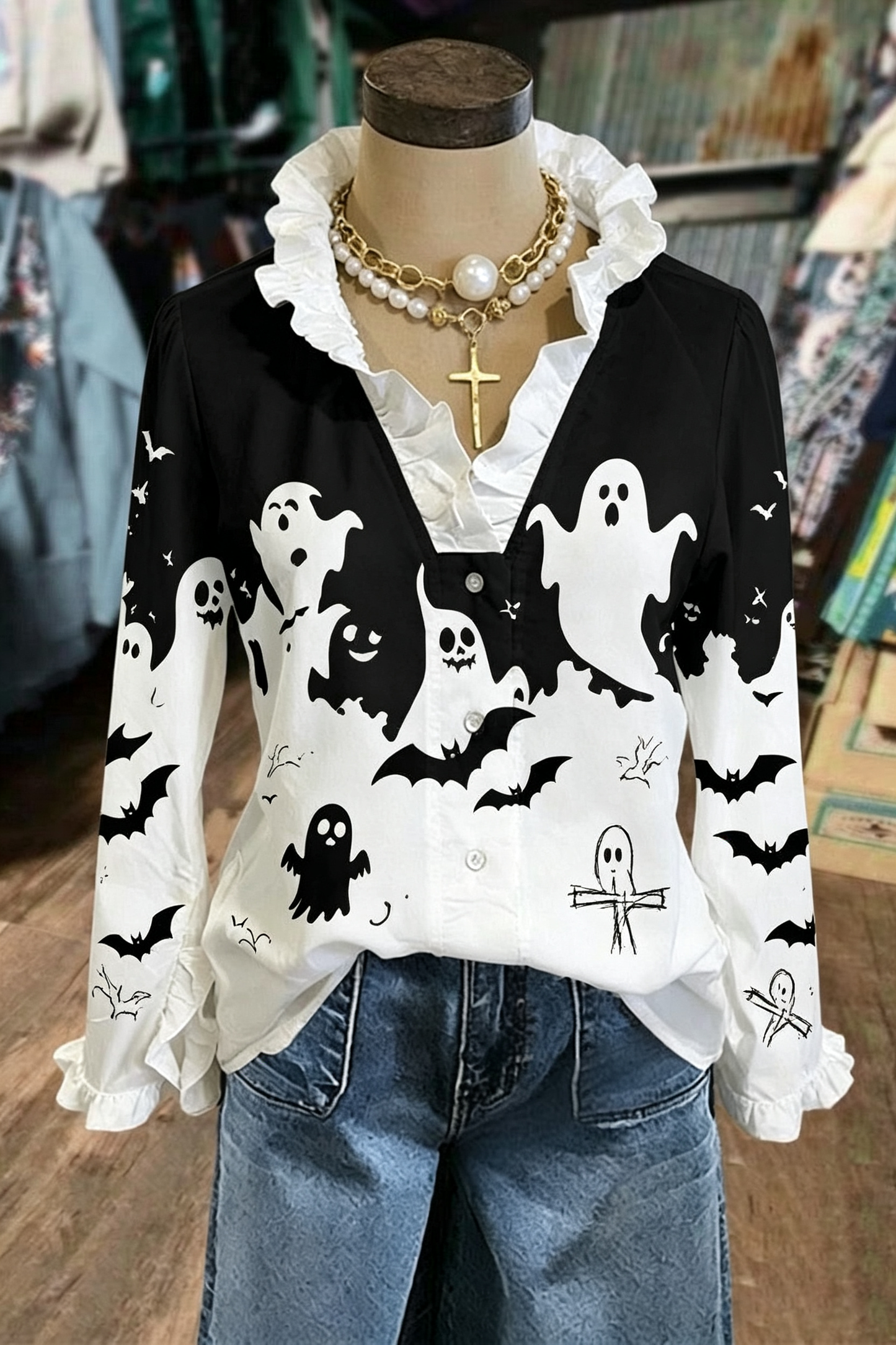 Black White Ghost Scarecrow Ruffle Button-Up Shirt