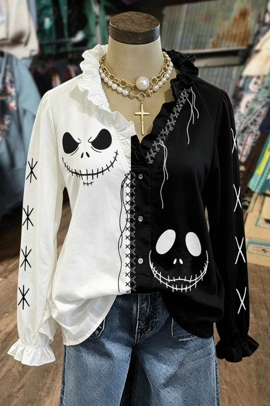 Two-Tone Skull Face Graphic Ruffle Trim Button-Up Shirt