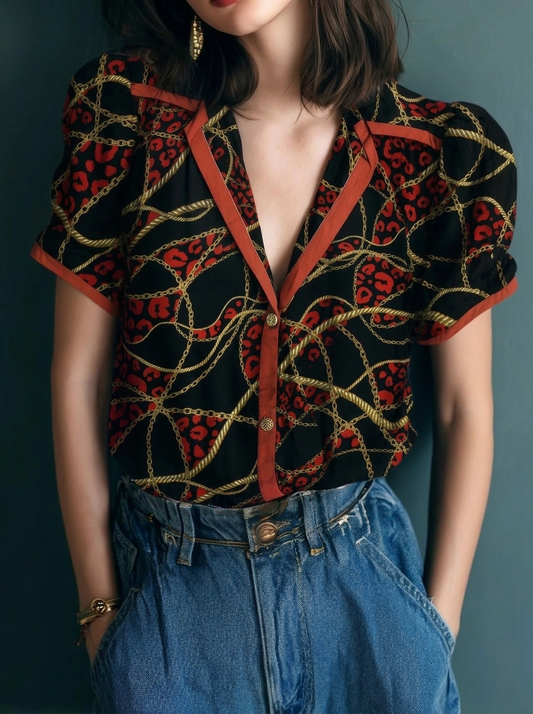 Leopard Chain Print Contrast Trim Short Sleeve Shirt