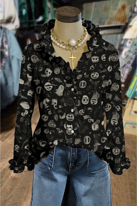 Halloween Doodle Print Ruffle Trim Button-Up Shirt