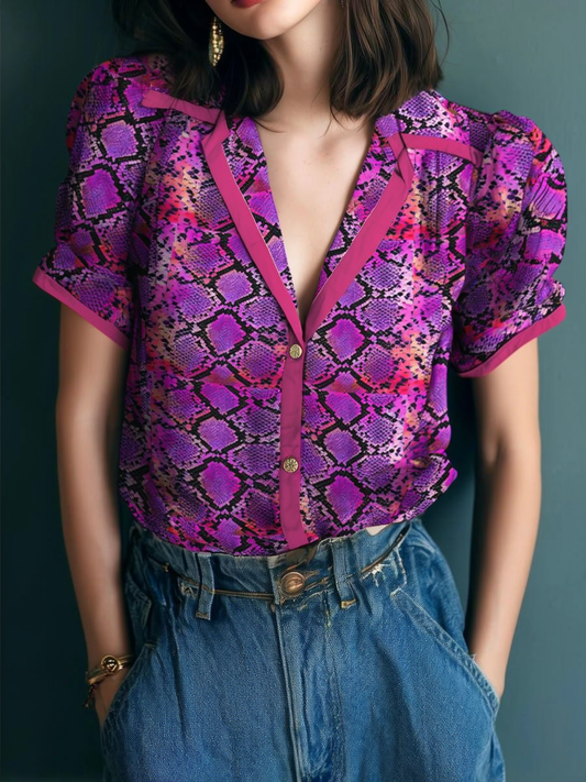 Snakeskin Print Contrast Trim Short Sleeve Shirt