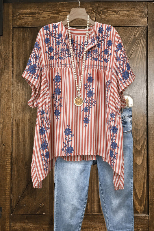 Red Stripe Blue Floral Embroidered Split Neck Top