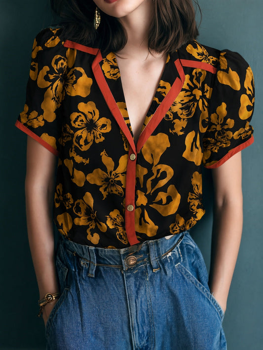 Golden Floral Contrast Trim Puff Sleeve Shirt