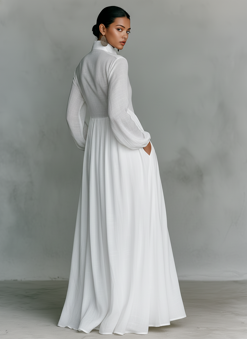 Women's Minimalist Tencel And Linen Patchwork Single-breasted Stand-up Collar Long-sleeved Maxi Dress