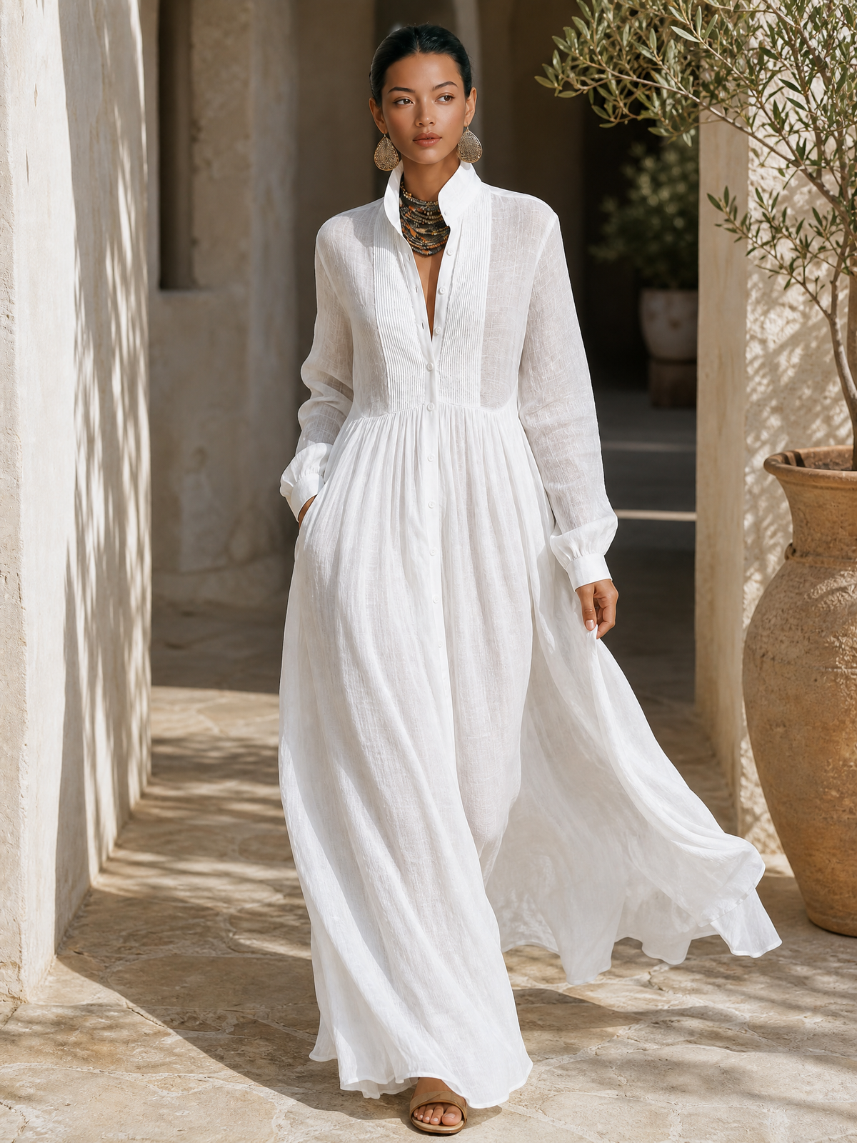 Women's Minimalist Tencel And Linen Patchwork Single-breasted Stand-up Collar Long-sleeved Maxi Dress