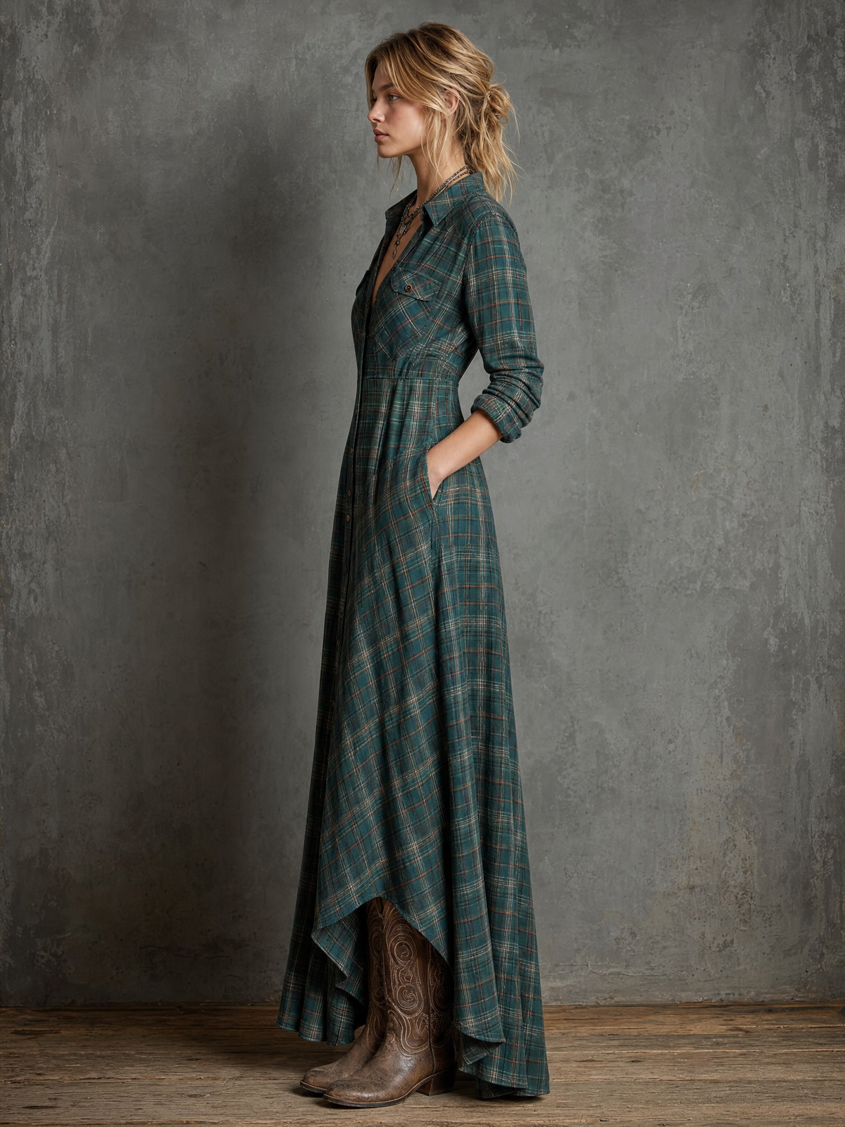 Women's Plaid Lapel Single-Breasted Shirt Maxi Dress