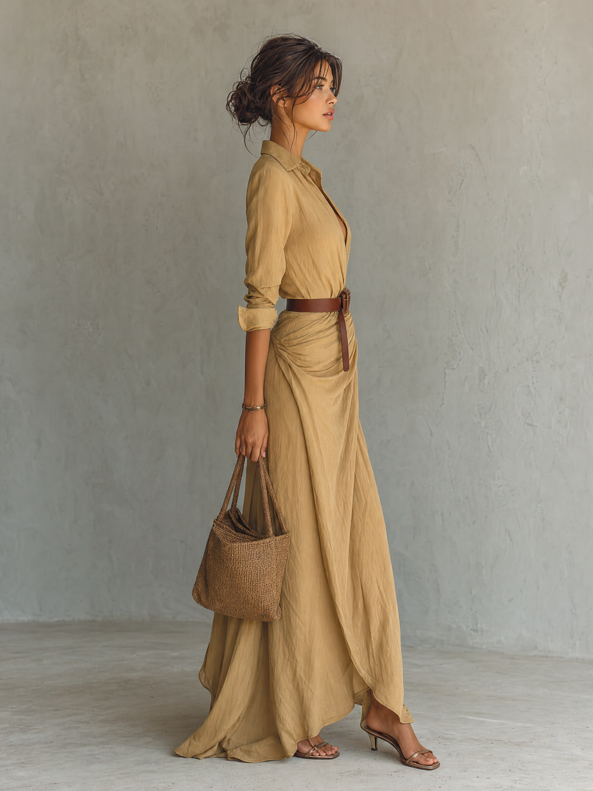 Ladies Lapel Single Breasted Long Sleeve Belted Maxi Dress