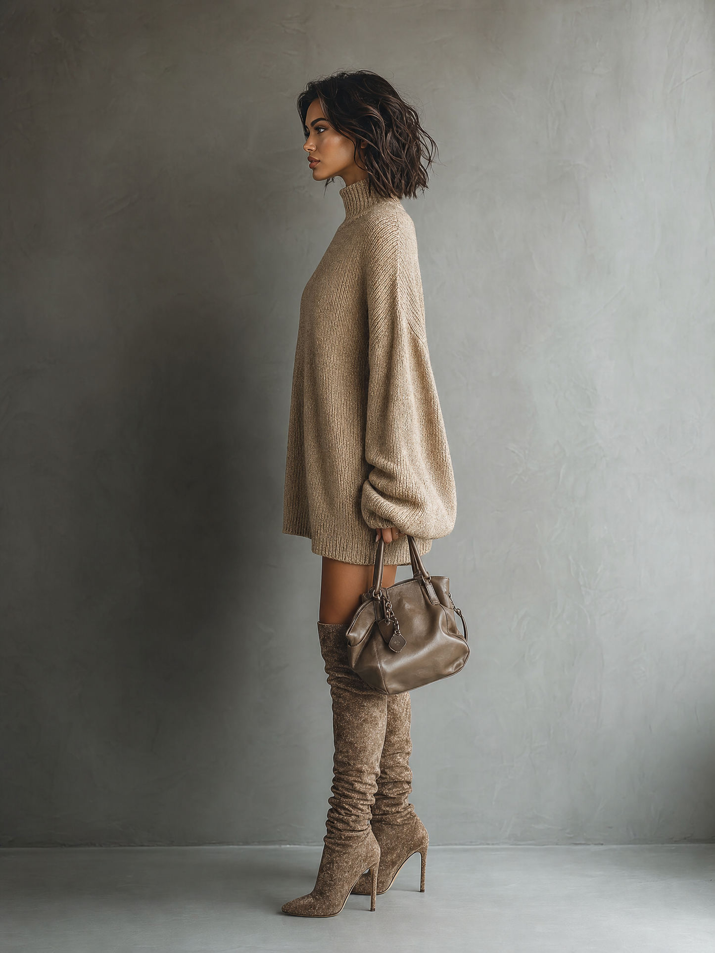 Women's Caramel Brown Vintage Style Knit Mini Dress