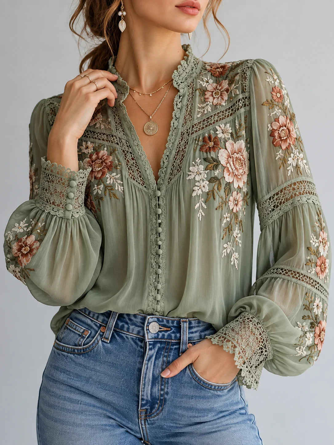 Botanical Lace-Insert Sage Blouse