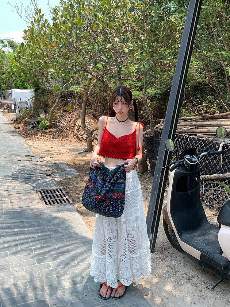 Boho Crochet Lace High Waist Flare Maxi Skirt | Ethnic Style Vacation Slimming A-Line Skirt