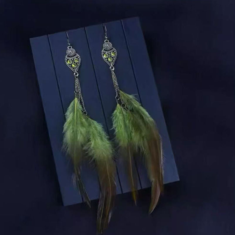 Boho Blue Feather Tassel Earrings | Ethnic Style Niche Design Jewelry