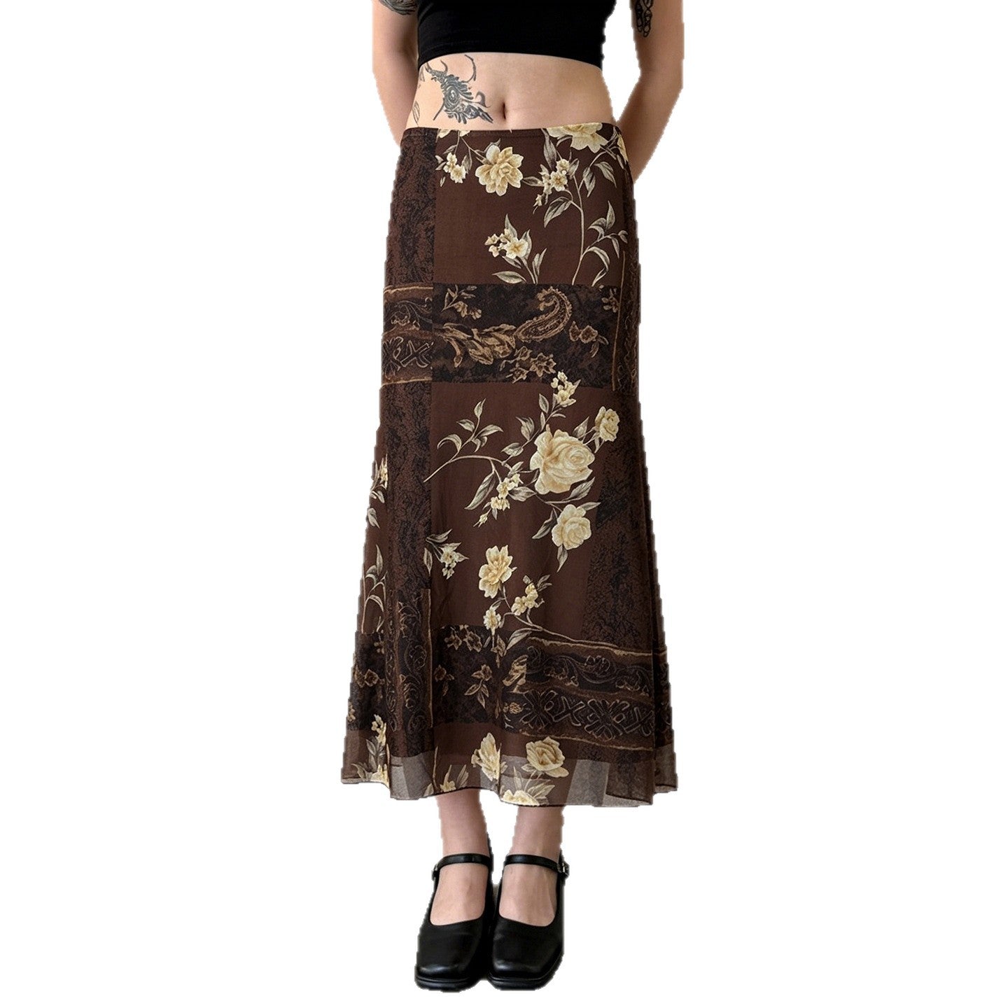 Bohemian Vintage Floral Paisley Patchwork Chiffon Maxi Skirt