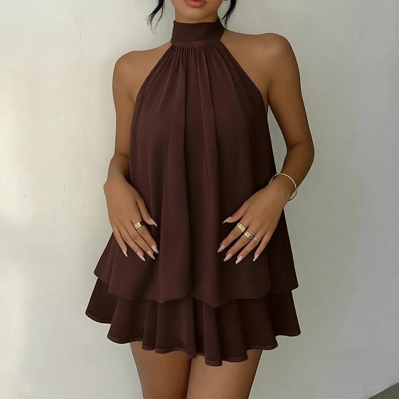 Boho Halter Neck Double Layer Ruffle Chiffon Loose Mini Dress
