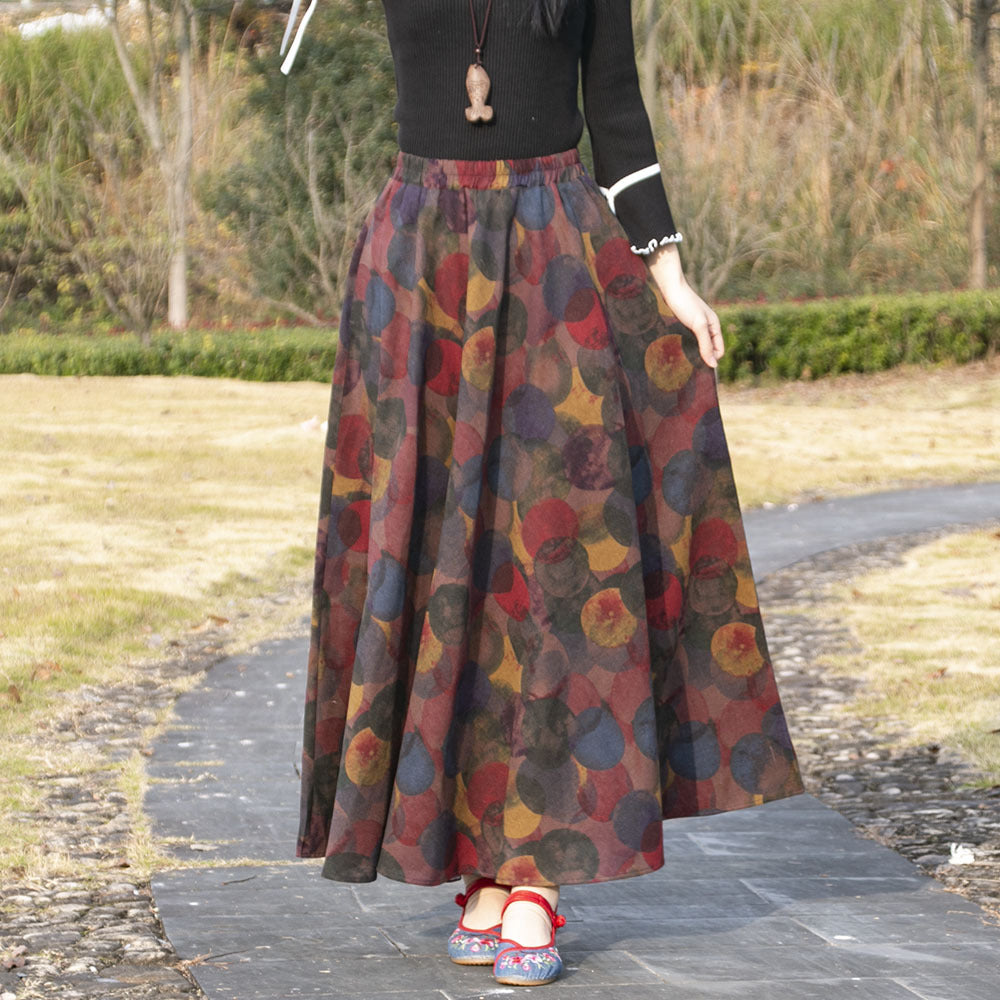 Cotton and linen printed maxi skirt | Retro ethnic style elastic waist midi skirt