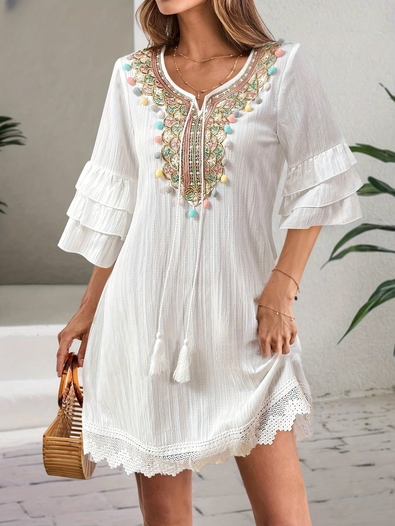 Boho Embroidered Pom Pom Tassel Ruffle Lace Mini Dress | Ethnic Style Vacation Loose A-Line Dress