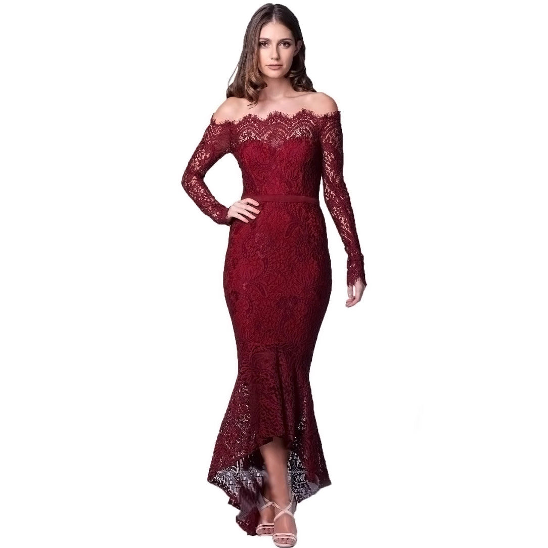 Boho Off Shoulder Lace Long Sleeve Irregular Mermaid Bodycon Evening Dress