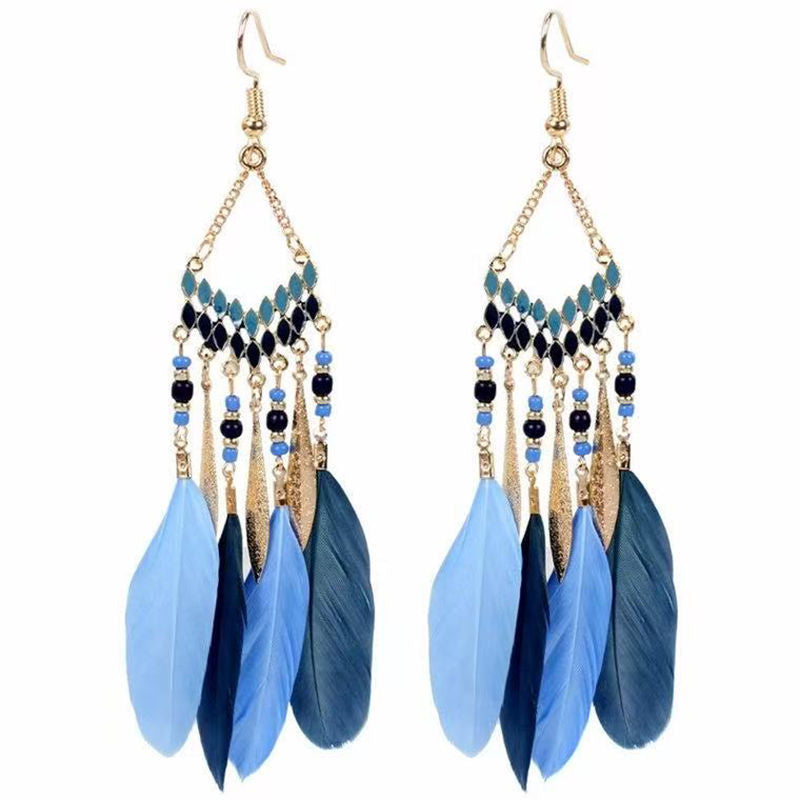 Boho Blue Feather Tassel Earrings | Ethnic Style Niche Design Jewelry