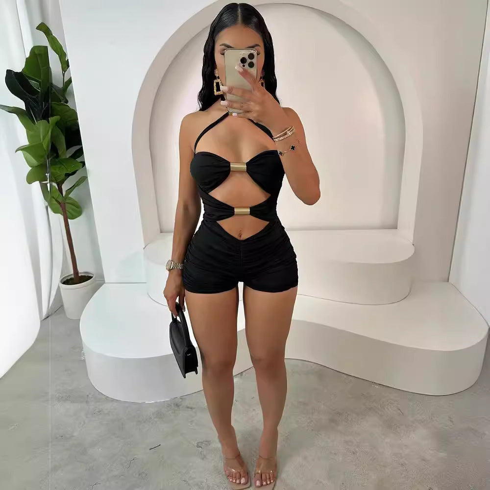 Boho Metal Buckle Halter Cutout Romper