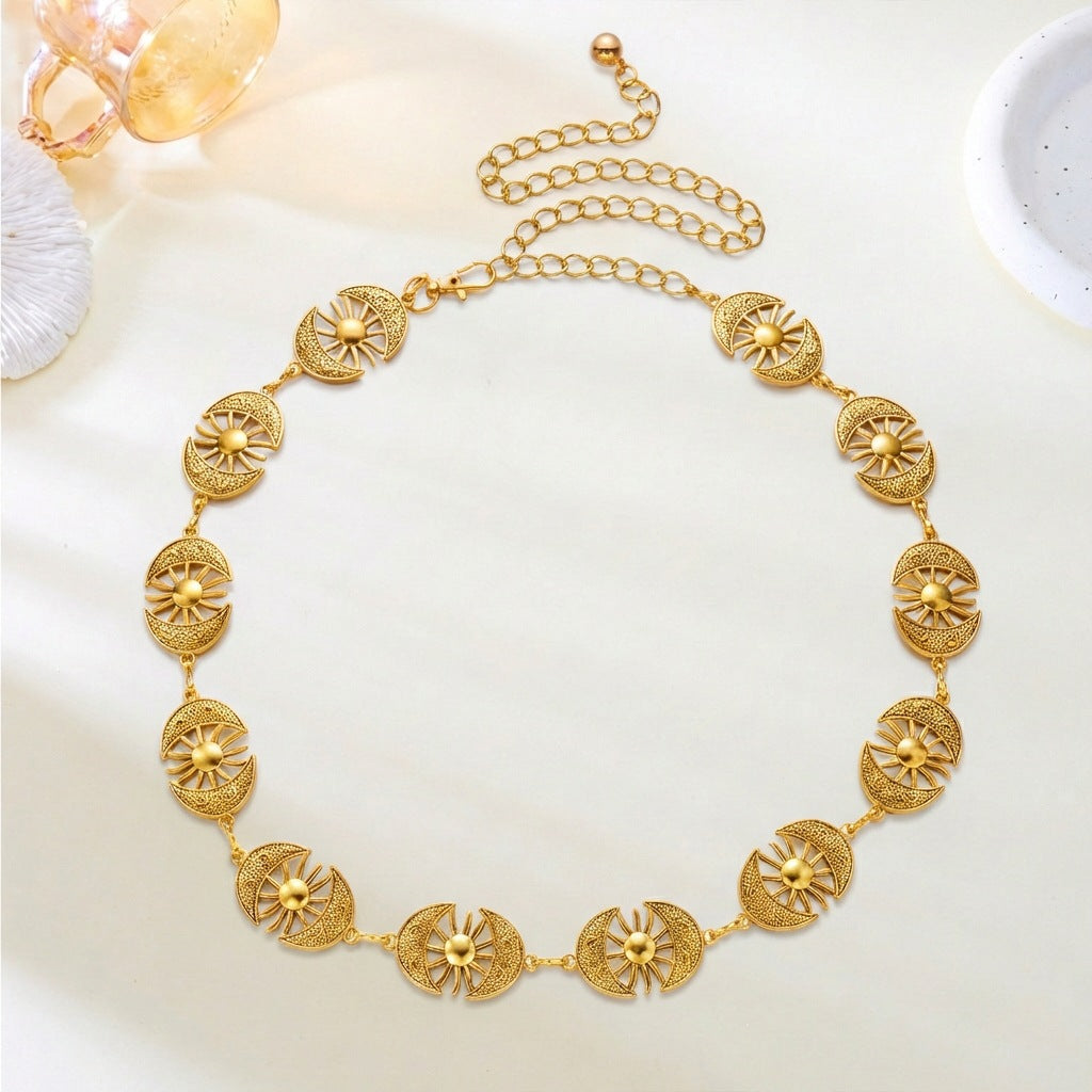Bohemian Vintage Sun Moon Carved Metal Waist Chain Ethnic Style Accessory
