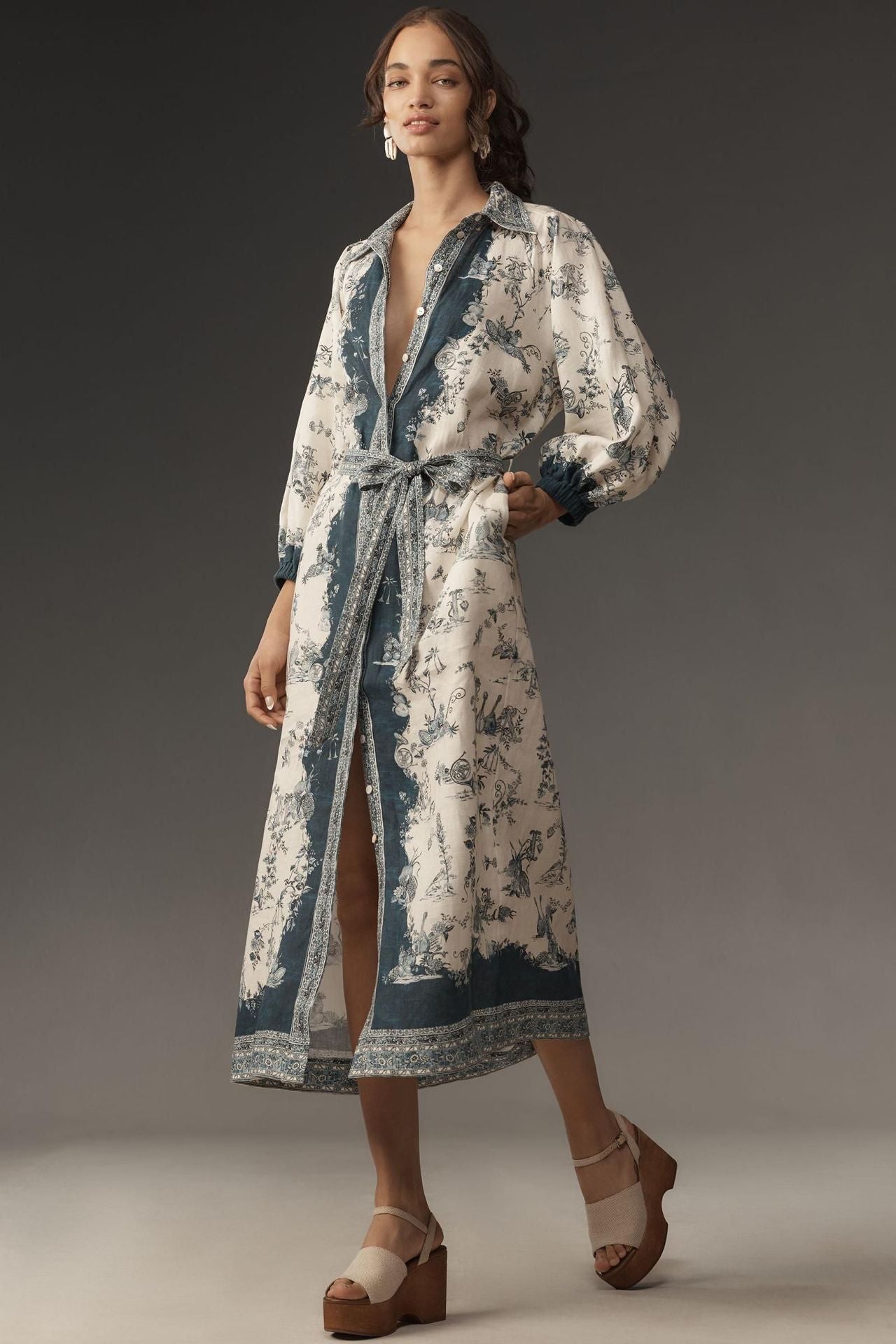 Vintage Ocean Print Belted Waist-Cinching Split Maxi Shirt Dress