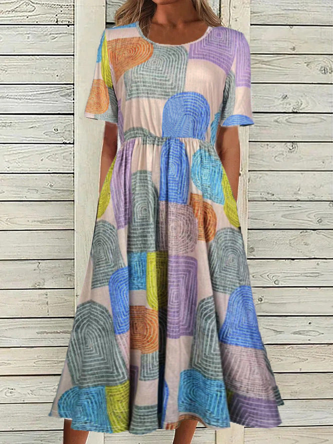 Bohemian Floral V-Neck Half Sleeve Pocket Midi Dress | Vacation Style Loose Maxi Dress