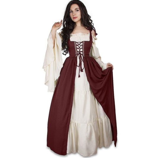 Medieval Vintage Lace-Up Off Shoulder Two Piece Maxi Dress | Renaissance Style Cosplay Gown (Multi-Color Available)