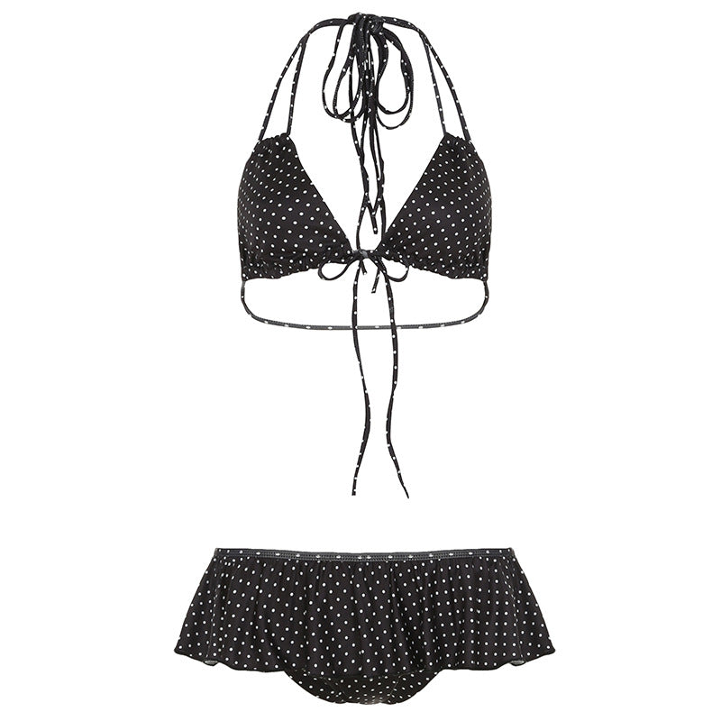 Bohemian Polka Dot Halter Tie Ruffled Bikini Set